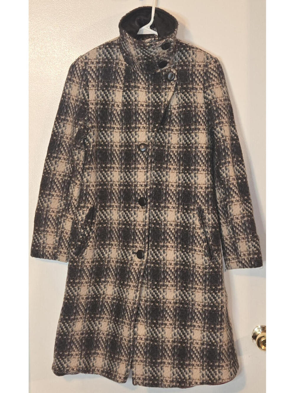 Vintage Y2K DKNY Women’s Wool Trench Coat Jacket Leather Collar & Buttons